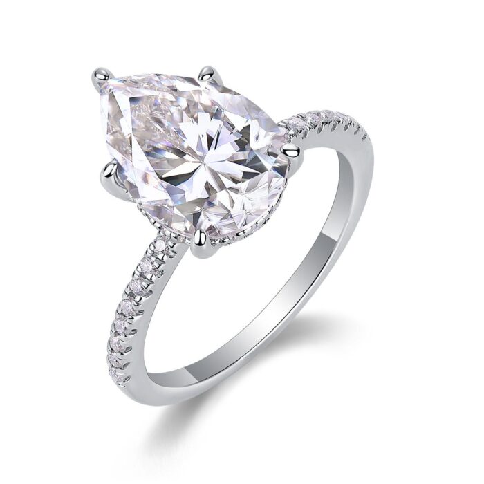 A luminous 5-carat pear-cut Moissanite ring