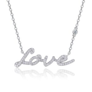 A delicate script of ‘Love’ traced in shimmering moissanites, crafted in polished silver and suspended on a fine chain for a soft, luminous sparkle. A graceful piece that captures emotion with refined elegance