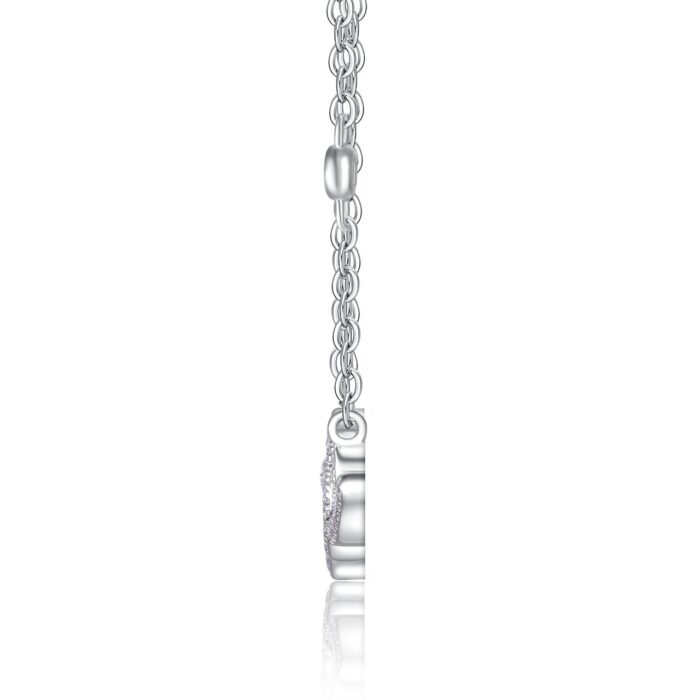 A delicate script of ‘Love’ traced in shimmering moissanites, crafted in polished silver and suspended on a fine chain for a soft, luminous sparkle. A graceful piece that captures emotion with refined elegance