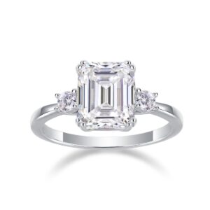 A breathtaking 5-carat emerald-cut moissanite framed by twin round stones, set on a sleek polished band for a crisp, high-clarity sparkle. Bold, refined, and timeless — a statement piece made to captivate